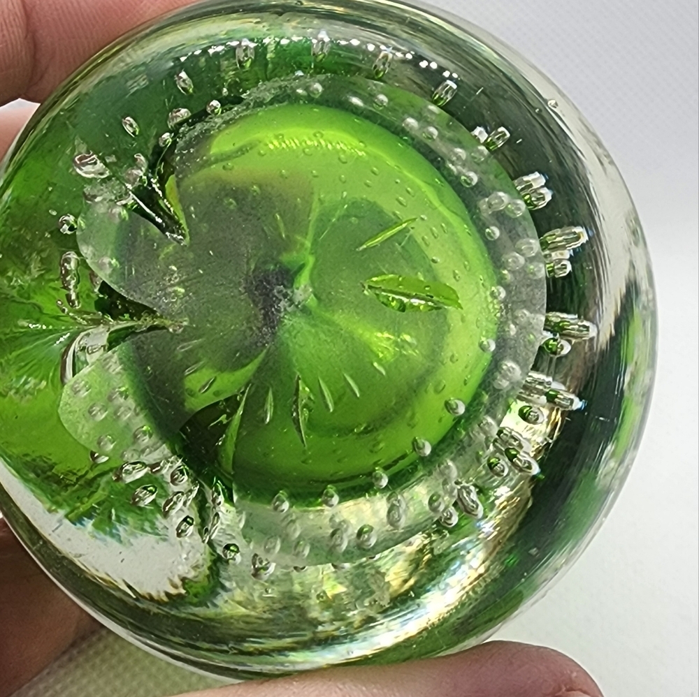 Glass Paperweight Pear Shape Green & Clear Glass with Air Bubbles - Picture 4 of 10